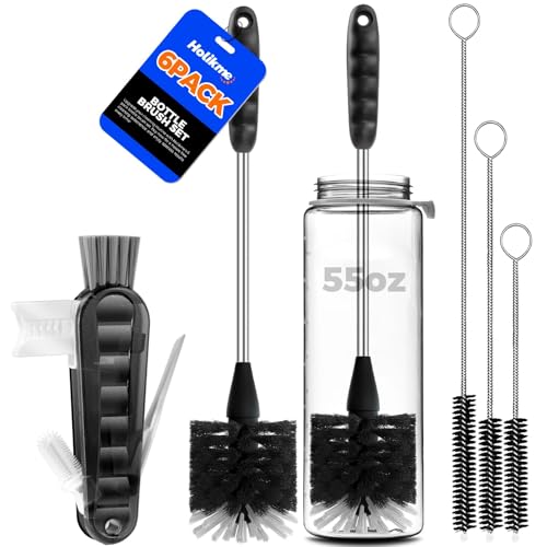 Holikme 6 Pack Bottle Brush Set, 14" Long Handle Stainless Steel Bottle Cleaner Brush, 3 Straw Brushes, Bottle Cleaning Brush for Water Bottle, Baby Bottle Straws, Black - color: Black, size: 6Pack
