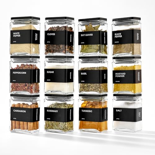 Glass Spice Jars with Bamboo Lid, 4oz Square Spice Containers for Pantry Organization, Seasoning Bottles with Labels, Spoons, Funnel for Salt Sugar - color: Black