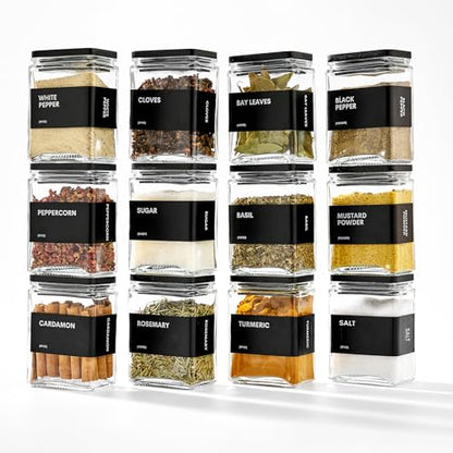 Glass Spice Jars with Bamboo Lid, 4oz Square Spice Containers for Pantry Organization, Seasoning Bottles with Labels, Spoons, Funnel for Salt Sugar - color: Black