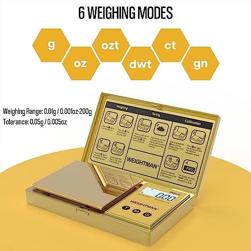 WEIGHTMAN Digital Scale Gram, 200g/0.01g Pocket Scale Gold Titanium Plating, LCD Backlit Display, Mini Jewelry Scale with 6 Units, Auto Off, Tare Function for Food, Coins, Battery Included - color: Gold