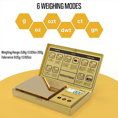WEIGHTMAN Digital Scale Gram, 200g/0.01g Pocket Scale Gold Titanium Plating, LCD Backlit Display, Mini Jewelry Scale with 6 Units, Auto Off, Tare Function for Food, Coins, Battery Included - color: Gold