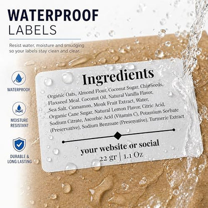 Custom Ingredient Labels for Small Business Packaging – Waterproof Stickers for Jars, Bags, Bottles & Boxes – 1x3, 2x3, 3x3 Sizes – Personalized, Easy to Customize