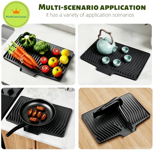 CIEO Silicone Dish Drying Mat for Kitchen Counter, Slope Fast Self-Draining, Non-Slip Drain Pad, Easy Clean Countertop Protection Mat, Multiple Use for Dishes Drying Rack（18.9"x 11.9",Black）