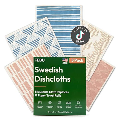 FEBU Swedish Dishcloths for Kitchen | 5 Pack Sunset Reusable Paper Towels Washable | Swedish Dish Towels | Non-Scratch Cellulose Sponge Cloths | No Odor, Biodegradable Cleaning Cloths - color: Sunset