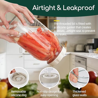 64oz Fermentation Jar Kit with Date-Tracking Lid Airlock Seal and Fermenting Weights, Wide Mouth Glass Jars with Scale Mark for Making and Storing Sauerkraut, Pickles (Pack of 2)