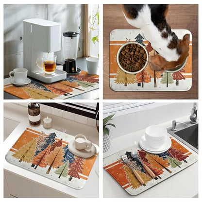 Fall Maple Tree Dish Drying Mats Thanksgiving Dish Mat Colorful Autumn Drying Matt Dishes Dryer Pad for Kitchen Counter Absorbent Microfiber Washable Foldable Reusable 18x24 in