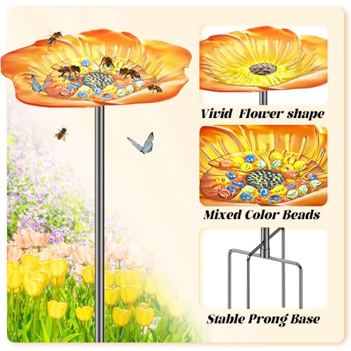 Bee Butterfly Watering Station, 4 Prongs Base Stake Butterfly Bee Feeder for Garden with Glass Marbles, Bee Bath with Vivid Flower Design for Garden Yard Patio Decor (Orang Yellow) - style: Floral