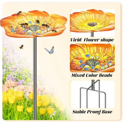 Bee Butterfly Watering Station, 4 Prongs Base Stake Butterfly Bee Feeder for Garden with Glass Marbles, Bee Bath with Vivid Flower Design for Garden Yard Patio Decor (Orang Yellow) - style: Floral