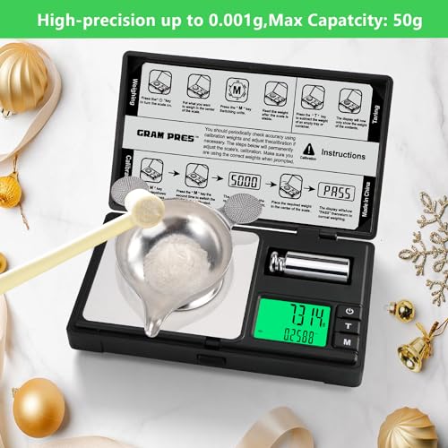 GRAM PRES High Precision Milligram Scale,50g/0.001g Digital Mini Pocket Gram Scale,Mg Scale for Weighing Powders,Jewelry, Medicine, Gem, Reloading, with Cal Weight, Tweezer ，Tray and Scoop - color: Black