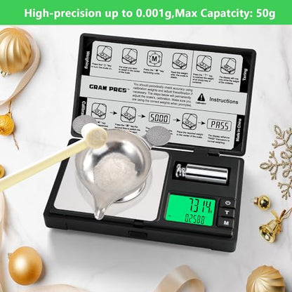 GRAM PRES High Precision Milligram Scale,50g/0.001g Digital Mini Pocket Gram Scale,Mg Scale for Weighing Powders,Jewelry, Medicine, Gem, Reloading, with Cal Weight, Tweezer ，Tray and Scoop - color: Black