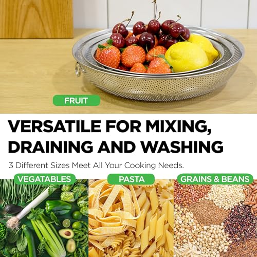 Shallow Stainless Steel Colander Set of 3 – Micro-Perforated Tray Strainers for Berries Vegetables Fruit, 18/8 304 Low Profile (2, 3, 4 Qt) Self-Draining Base, Dishwasher Safe, Made in Korea - size: 2+3+4QT Colander