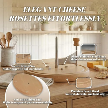 Cheese Curler, Wood Cheese Curler Wheel and Shaver Tool for Tête de Moine & Semi-Hard Cheeses, Sharp Stainless Steel Girolet Cheese Cutter for Cheese Boards, Desserts & Parties