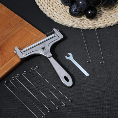 Adjustable Wire Cheese Slicer, Handheld Stainless Steel Cheese Cutter for Block Cheese with 8 Replacement Wires & Wrench, Rolling Cheeses Slicer for Block Butter Cutter