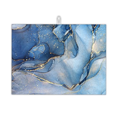 Blue Gold Marble Dish Drying Rack Mat for Kitchen Counter, Dish Drying Pad Absorbent Reversible Microfiber Protector for Coffee Bar Sink Countertops 18x24 Inch - color: Blue Gold Marble