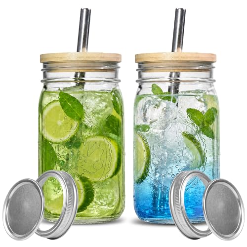 32oz Mason Jars with Lids and Straw, 2Pack Glass Cups with Bamboo Lids | Wide Mouth Mason Jars for Iced Coffee Juice Milkshake Tea - size: 2Pack 32oz