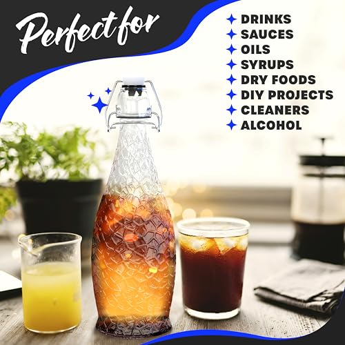 Nevlers 17 Oz Textured Airtight Swing Top Glass Bottles with Lids 6 Pack | Flip Top Glass Bottle with Stopper | Resealable Beer, Water, Vanilla Extract or Kombucha Bottles | Drinking or Syrup Bottle