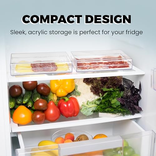 GlossyEnd Deli Meat and Cheese Storage Container with Tong, Bacon Storage Container with Perforated Tray for Freshness, Clear Durable Plastic - Dishwasher and Freezer Safe - Size: 11” x 6.5” x 2”