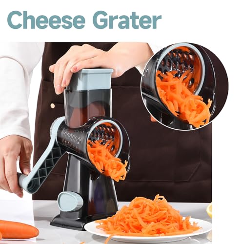 Rotary Cheese Grater with Handle Kitchen Shredder Slicer Grater Slicer Ice Shaver Cheese Vegetable Nuts Potato Zucchini Chocolate 3 Interchangeable Blades (GreyBlue - color: GreyBlue
