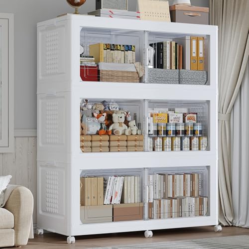 150GAL Storage Bins with Lid and Wheels, Collapsible Storage Box with Dividers, Foldable Plastic Cabinets for Room Kitchen, Stackable Closet Organizers and Storage Drawer, 3 Pack White - color: White, size: 50Gal-3Pack