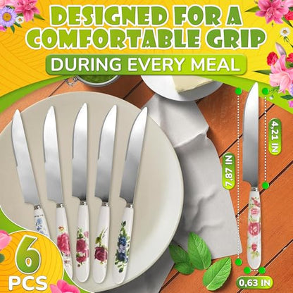 6 Pcs Butter Knife Set - 7.87 x 4.21" Floral Сheese Spreader Knives with Easy-to-Grip Ceramic Handles, Serrated Stainless Steel Blades, Polished, Dishwasher Safe - for Kitchens, Restaurants & Parties - color: Floral