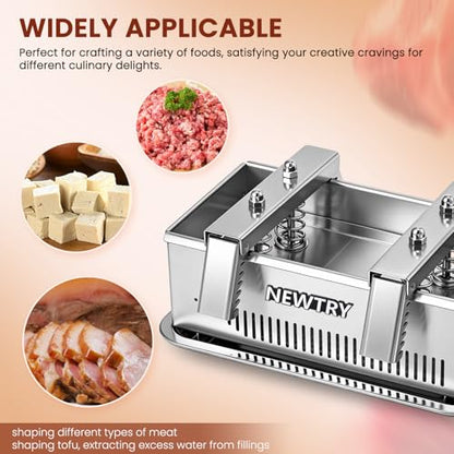 NEWTRY Tofu Press 6.6LB Capacity Deli Meat Press Tool 304 Stainless Steel for Tofu Pork Beef Bacon Homemade Deli Meat with Press Handle