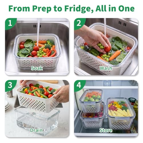 Vegetable Containers for Fridge, Stay Fresh Fruit Vegetable Storage Containers with Lid and Removable Colander, Stackable Vegetable Storage for Berry Salad Lettuce Vegetables Meat Various Food, 3PCS