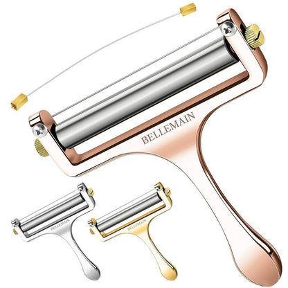 Bellemain Stainless Steel Wire Cheese Slicer - Hand Held Cheese Cutter for Cheddar, Gruyere, Raclette, Mozzarella Block, Adjustable Shaver, Thick & Thin Slicer, Curler (Rose Gold) - color: Rose Gold
