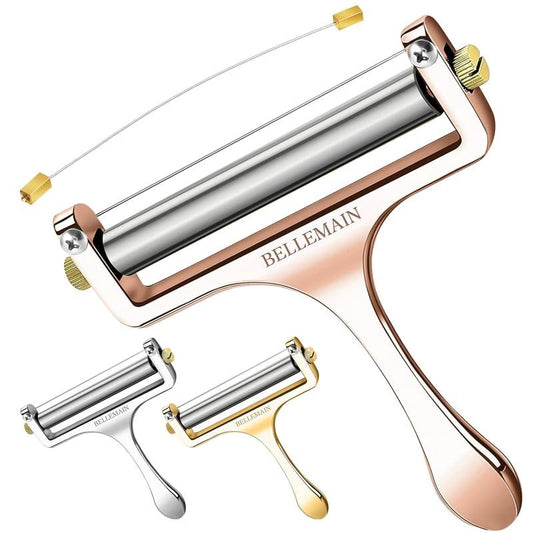 Bellemain Stainless Steel Wire Cheese Slicer - Hand Held Cheese Cutter for Cheddar, Gruyere, Raclette, Mozzarella Block, Adjustable Shaver, Thick & Thin Slicer, Curler (Rose Gold) - color: Rose Gold