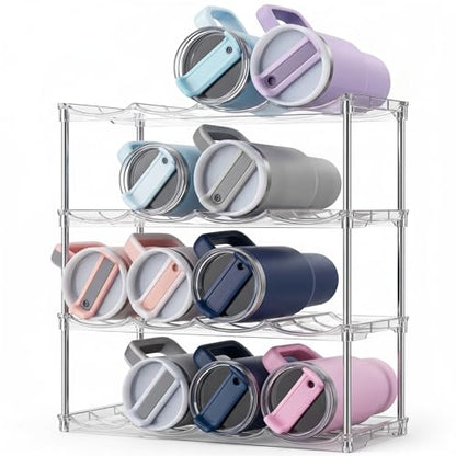 Stackable Water Bottle Organizer 4 Tier Holds 16 Bottles, Storage Rack for Stanley 40oz Cups & Tumblers, Water Bottle Organizer Cabinet Holder for Kitchen, Pantry, Fridge, Shaker Bottle Storage Rack