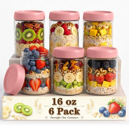 Pink Overnight Oats Container with Lids, Wide Mouth Mason Jars with Lids, Air Tight Overnight Oats Jars for Yogurt, Reusable Glass Jar for Pudding, Snack, Sugar, Breakfast, (6-Pack, 16oz) - color: Pink