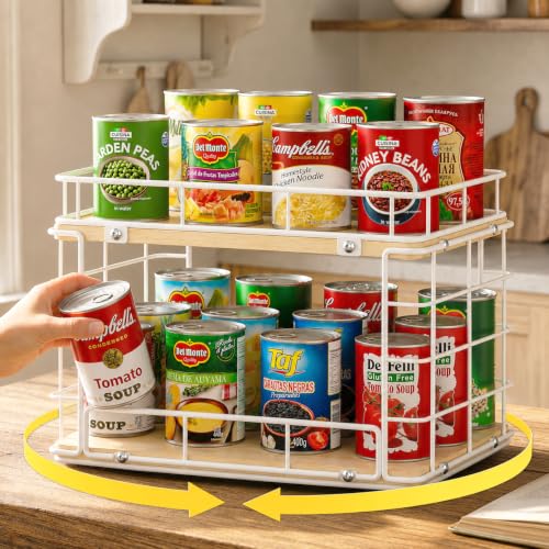 360° Lazy Susan Can Organizer, 2-Tier Rotating Metal Wire Wood Can Rack Holder, Kitchen Pantry Cabinet Countertop Turntable Storage Shelf, Hold 26 Soda Cans Food Beverage Cans Organizer, White - color: White