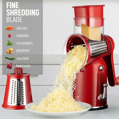 Zulay Kitchen Rotary Cheese Grater 5 Blade Cheese Shredder - Manual Hand Crank Cheese Grater With Reinforced Suction & 5 Interchangeable Drums - Easy to Use, Vegetable Chopper Round Mandoline Slicer - color: Classic | Red