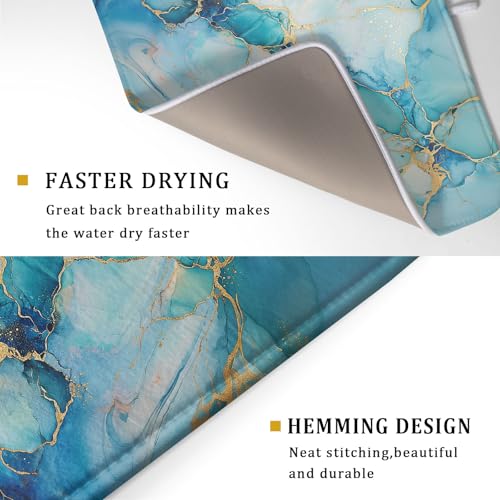 Marble Print Dish Drying Mat for Kitchen Counter,Blue Teal Turquoise Gold Drying Mat 18 x 24 Inch with Absorbent Reversible Microfiber Drying Pad for Coffee Bar - size: 18" x 24"