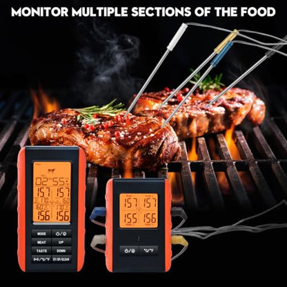 Wireless Meat Thermometer for Grilling and Smoking, Food Thermometer for BBQ Smoker Oven Cooking Steak, Grill Thermometer for Outside Grill with 4 Meat Probes, Kitchen Timer - style: 4 Probes