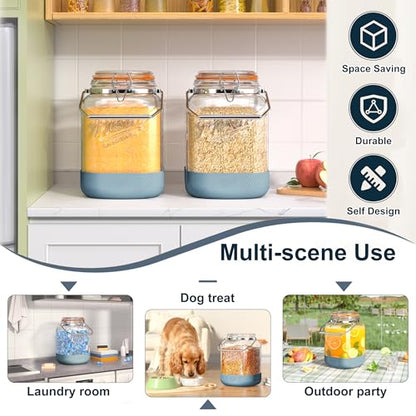2 Pack Square 1 Gallon Glass Jar with Airtight Lid, Large Mason Jars Wide Mouth 128 Oz with Scale Marks & Handle, Glass Storage Containers with Anti-slip Base for Flour, Oat, Wheat, Cookie Jar