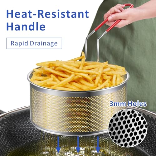 Yimi 7 inch Deep Fryer Basket 304 Stainless Steel for Frying French Fries | 7''x4.1'' Colander with Heat Resistant Silicone Handle, Stainless Steel for Cooking Noodles Vegetables, 2.3-Quart - size: 7'' Deep Fry Basket
