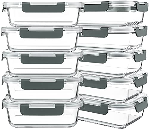 KOMUEE 10 Packs 30 oz Glass Meal Prep Containers,Glass Food Storage Containers with Lids,Airtight Lunch Bento Boxes,Microwave,Freezer and Dishwasher,Gray - color: Gray