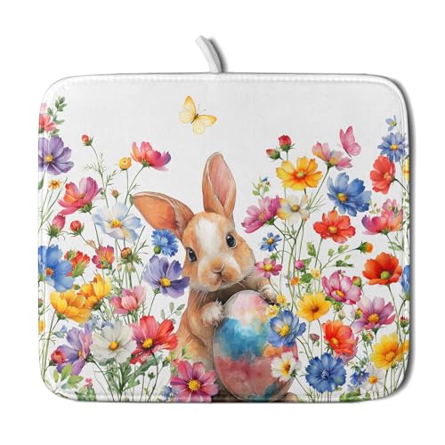 Spring Easter Rabbit Egg Dish Drying Mat for Kitchen Counter,Colorful Flowers Butterfly Drying Mat 16 x 18 Inch with High Absorbent Microfiber Drainer Mat for Coffee Bar - color: Flowers, size: 16" x 18"