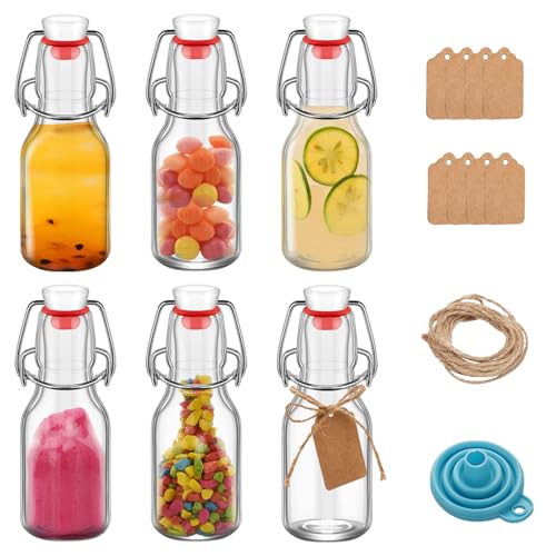6Pcs Flip Top Glass 4 oz with Caps Beer Bottles Clear Swing Top Glass Bottles Vinegar Kombucha with Stoppers Airtight Lids for Wedding Themed Baby Shower (6, PC, Round, 4, ounces)