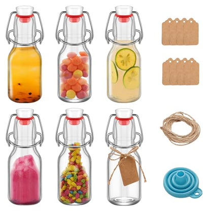 6Pcs Flip Top Glass 4 oz with Caps Beer Bottles Clear Swing Top Glass Bottles Vinegar Kombucha with Stoppers Airtight Lids for Wedding Themed Baby Shower (6, PC, Round, 4, ounces)