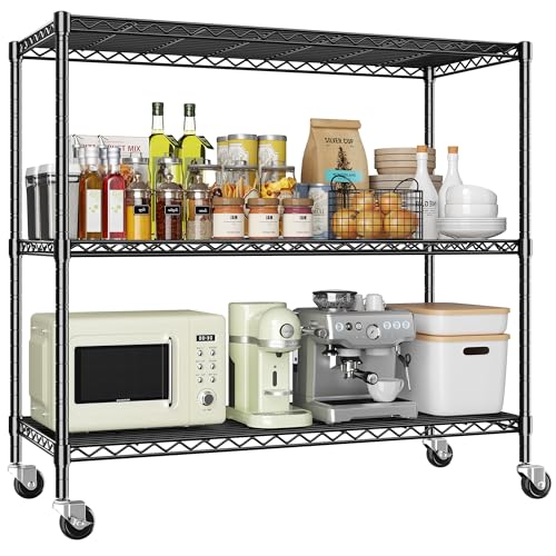 DurayLoly 3 Tier Metal Shelving Unit Adjustable Storage Shelves,Heavy Duty Shelf with Wheels for Kitchen,Office,Bathroom,Easy Assembly Wire Shelving for Laundry,Garage,45" W x 17.7" D x 41" H,Black. - color: Black