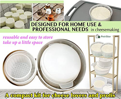 PetriStor 7pcs Cheese Making Kit Beginners №1 - Soft Cheese Molds + Cheese Mold with a Follower Piston - Cheese Making Supplies - Cream Cheese Form Mold Basket