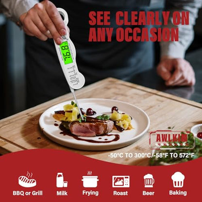AWLKIM Meat Thermometer Digital, Instant Read Thermometer, White | Food thermometer for grill, BBQ, candy, oil and baking; backlit display, foldable probe and magnetic storage. - color: White