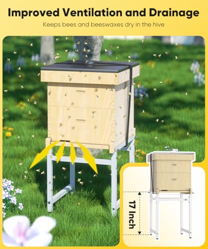 Mondazie Adjustable Metal Bee Hive Stand with 120-Inches Strap for 8 & 10 Frame Beehives Box, 12 to 19 Inches Width Beehive Frame Holder, Heavy Duty Flow Hives Stands Base for Beekeeping, White - color: White - Standard