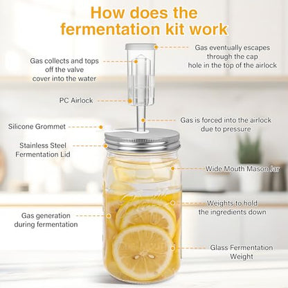 32 oz Mason Jar Fermentation Kit 4 Pack(Jar Included),Sauerkraut/Pickling Kit with 4 Pack Fermenting Jars, Glass Fermentation Weights,Fermentation Lids,Airlocks,Silicone Gaskets and Silicone Grommets - color: transparency