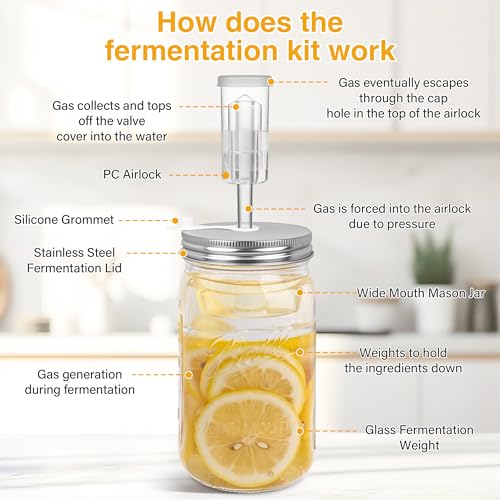 32 oz Mason Jar Fermentation Kit 4 Pack(Jar Included),Sauerkraut/Pickling Kit with 4 Pack Fermenting Jars, Glass Fermentation Weights,Fermentation Lids,Airlocks,Silicone Gaskets and Silicone Grommets - color: transparency