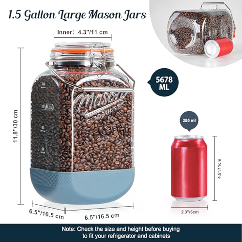 [NEW] 2 Pack Square 1.5 Gallon Glass Jar with Hinged Airtight Lid, Large Mason Jars Wide Mouth with Handle, Glass Storage Containers with Non-slip Base for Pantry, Laundry Room, Flour, Rice, Dog Treat