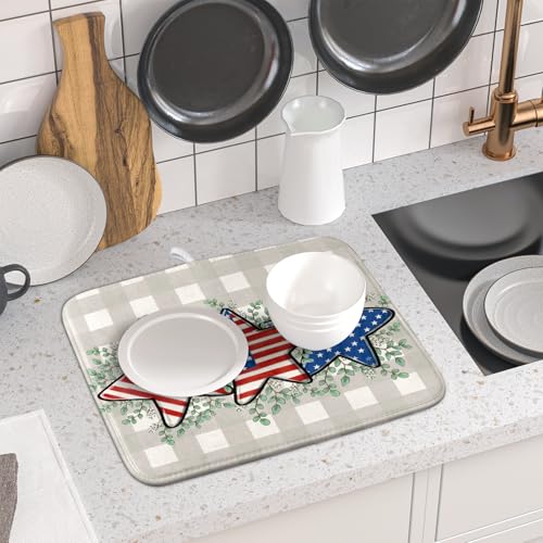Patriotic Dish Drying Mat for Kitchen Counter Cute Stars 4th of July Holiday Absorbent Reversible Microfiber Kitchen Countertop Protector Dishes Pad Small 16x18 inch - size: 18" x 16"