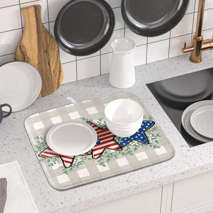 Patriotic Dish Drying Mat for Kitchen Counter Cute Stars 4th of July Holiday Absorbent Reversible Microfiber Kitchen Countertop Protector Dishes Pad Small 16x18 inch - size: 18" x 16"