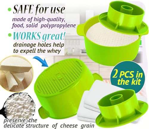 2 Pcs Cheese Mold for Cheese Making Cheese With Follower Piston Color Green - Cheesemaking Supplies - Cheese Form Mold - Cotton Cloth For Straining - Molde Para Queso Casero